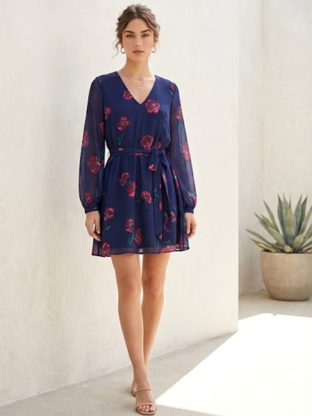 Express Floral Chiffon Mini Dress Boho Wedding Guest Cottagecore Navy Red Med